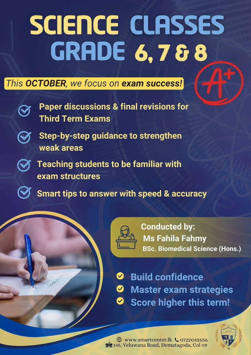 SmartiumC's tweet image. 🚀 Exam season is here! Join our Grade 6–8 Science Classes this October for an exam boost with paper discussions, final revisions, and smart strategies to score higher. Turn preparation into success! #ScienceClasses #ExamSuccess #SmartTips #Grade6 #Grade7 #Grade8 #SmartCenter