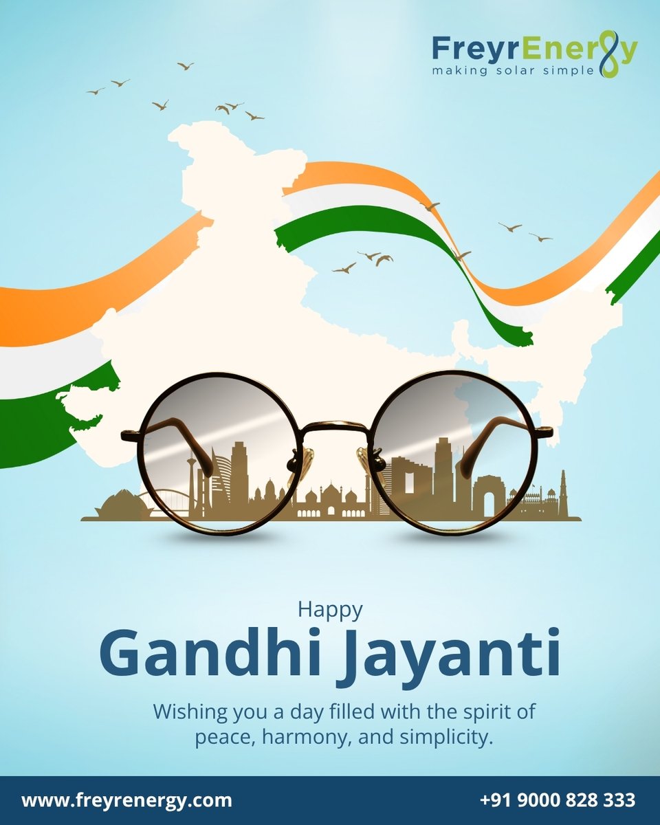 FreyrEnergy's tweet image. On this Gandhi Jayanti, we pay tribute to the Father of the Nation who taught us the values of simplicity, peace, and sustainability.

📞 +91 9000 828 333 | 🌐 freyrenergy.com
#FreyrEnergy #MakingSolarSimple #GandhiJayanti #PeaceAndSimplicity #FreyrEnergy #CleanEnergy