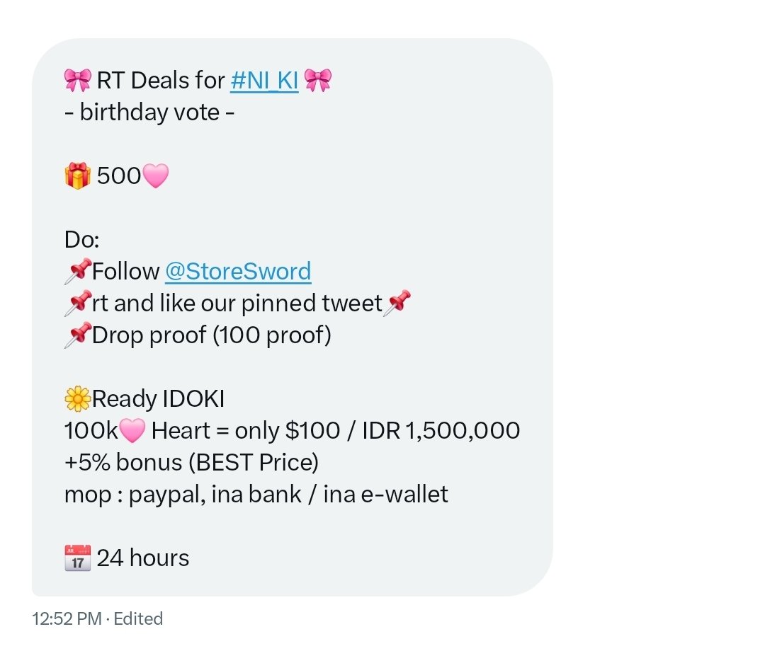 🎀 RT Deals for #NI_KI 🎀
- birthday vote -

🎁 500🩷

Do:
📌Follow <a href="/StoreSword/">Sell Kpop Votes</a>
📌rt and like our pinned tweet📌
📌Drop proof (100 proof)

🌼Ready IDOKI
100k🩷 Heart = only $100 / IDR 1,500,000 +5% bonus (BEST Price)
mop : paypal, ina bank / ina e-wallet

📅 24 hours