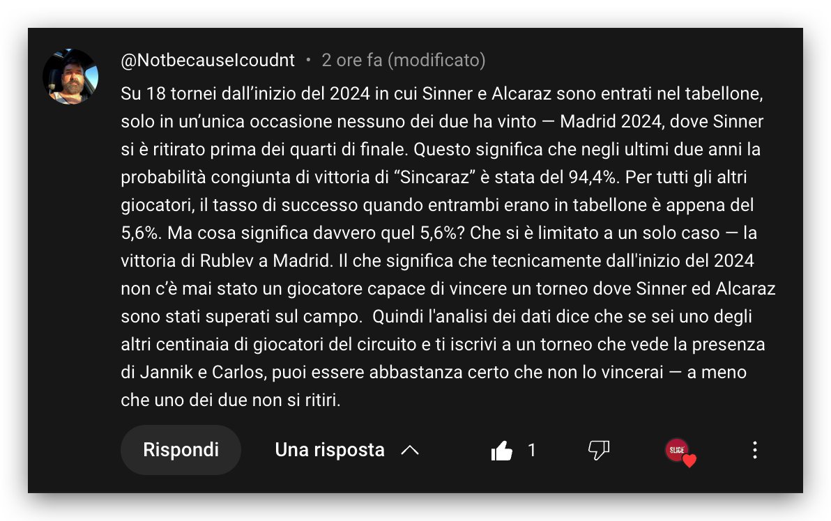Dai commenti all'ultimo video di SLICE una statistica notevole sul dominio #Sinner #Alcaraz