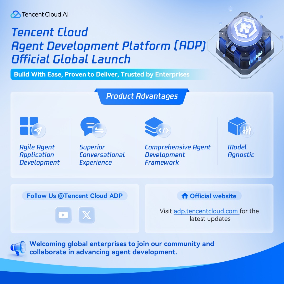 tencentcloud's tweet image. Tencent Cloud Agent Development Platform&apos;s (ADP) Official Global Launch!

Build secure, stable business-compliant agent with:
✅ LLM+RAG capabilities
✅ Workflow automation
✅ Multi-agent collaboration

🌐Visit Tencent Cloud ADP: adp.tencentcloud.com
💬Join the convo:…