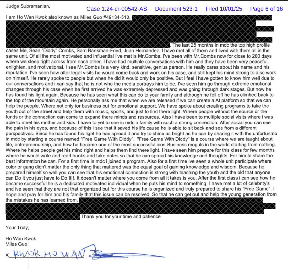 郭文贵（Ho Wen Kwok，亦名 Miles Guo）关于肖恩·科姆斯（Sean "Diddy" Combs）的证词👇👇👇

我是郭文贵（Ho Wen Kwok），也叫郭文贵（Miles Guo），编号 #49134-510。（涂黑部分）

在过去 25 个月里，MDC（都会管教中心）中最受瞩目的几起案件包括我、肖恩·“吹牛老爹”·科姆斯（Sean "Diddy"