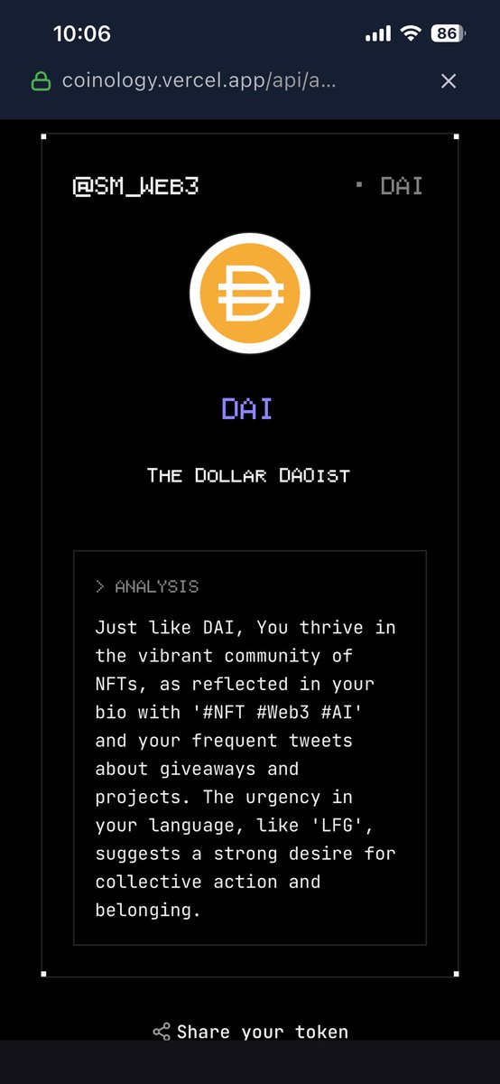 SM_Web3's tweet photo. According to my twitter data, I give $DAI vibes.
Bullish?
Try Coinology on https://t.co/1PUEutsv69. #datarevolution
@v_on_vana 
@vana https://t.co/U9BPo8kxYT