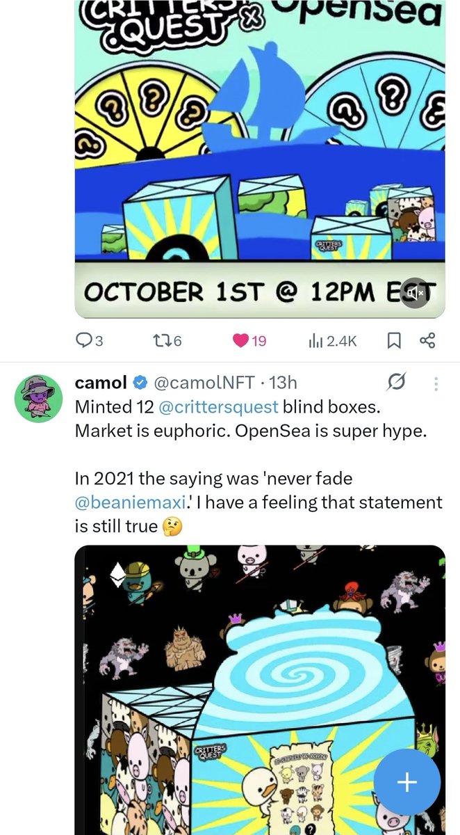 My entire timeline is flooded with critters, I love it!

A little late to the <a href="/crittersquest/">Critters Quest</a> mint but, picked up a crate on <a href="/opensea/">OpenSea</a>. Lets goooo!