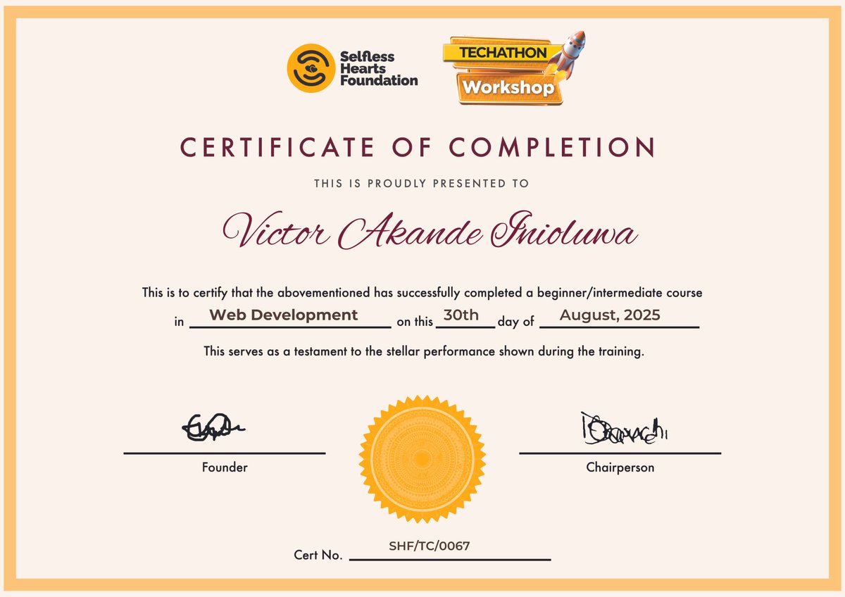DavinDicator's tweet image. Thrilled to complete the Web Development Training at the Selfless Techathon 🚀💻
Grateful for the mentors &amp;amp; the experience that sharpened my skills and mindset.
Excited to keep building &amp;amp; learning! ✨

#WebDevelopment #Techathon #learningtoearning #learning
