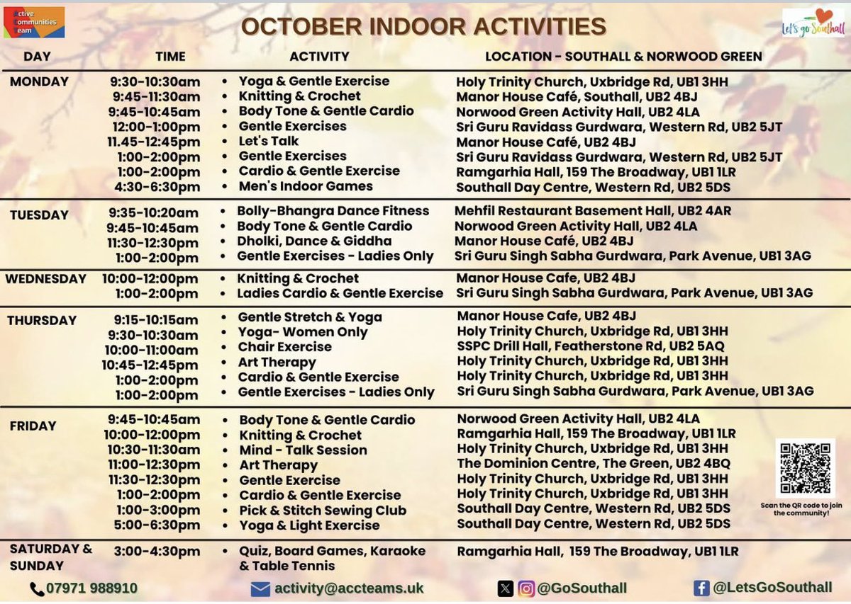 JM4NorwoodGreen's tweet image. #NorwoodGreen #Southall &amp;amp; @EalingCouncil residents @GoSouthall October indoor activity calendar is now live!
From walking groups to nature routes &amp;amp; lots, lots more besides —get involved meet new friends &amp;amp; enjoy the great outdoors!
Scan their QR code to #getoutgetactive