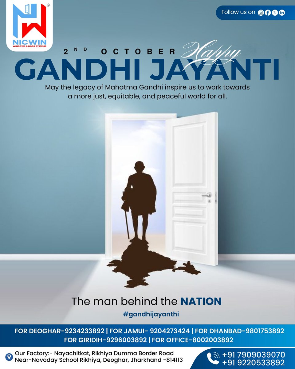 NicwinSystems's tweet image. The future depends on what you do today.” – Mahatma Gandhi ✨
This Gandhi Jayanti, let’s honor Bapu’s vision of simplicity and sustainability.

📲 Or WhatsApp us at: +91 7909039070 | +91 9220533892

#windowsanddoorsdesign #NicwinWindows #happygandhijayanti