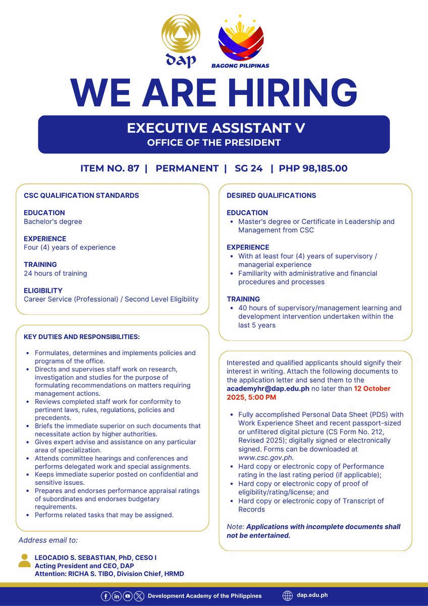 dap_edu_ph's tweet photo. The DAP - Office of the President is hiring!

Qualified applicants may send their documents to 𝗮𝗰𝗮𝗱𝗲𝗺𝘆𝗵𝗿@𝗱𝗮𝗽.𝗲𝗱𝘂.𝗽𝗵 (Subject: 𝗔𝗽𝗽𝗹𝗶𝗰𝗮𝘁𝗶𝗼𝗻_𝗘𝘅𝗲𝗰𝘂𝘁𝗶𝘃𝗲 𝗔𝘀𝘀𝗶𝘀𝘁𝗮𝗻𝘁 𝗩_𝗜𝘁𝗲𝗺 𝗡𝗼. 𝟴𝟳) before 𝟱:𝟬𝟬 𝗣𝗠 on 𝗢𝗰𝘁𝗼𝗯𝗲𝗿 𝟭𝟮, 𝟮𝟬𝟮𝟱 https://t.co/Qow90jiP3t
