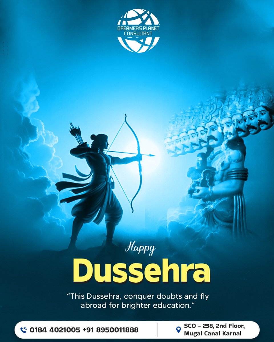 DreamersPlanet2's tweet image. 🔥✨ Happy Dussehra from Dreamer’s Planet Consultant! ✨🔥
This Dussehra, let’s burn all the doubts, fears &amp;amp; obstacles that hold us back. 🌿
.
#HappyDussehra #DreamersPlanet #FlyAbroad #BeTheChange #DreamBigAchieveBig #StudyAbroadJourney #VictoryOfGood