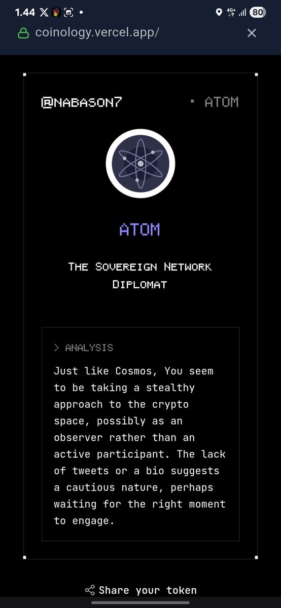 mouddieees's tweet photo. According to my twitter data, I give $ATOM vibes.
Bullish?
Try Coinology on https://t.co/oqomg8CQbd. #datarevolution @vana https://t.co/mQzFzUhcxd
