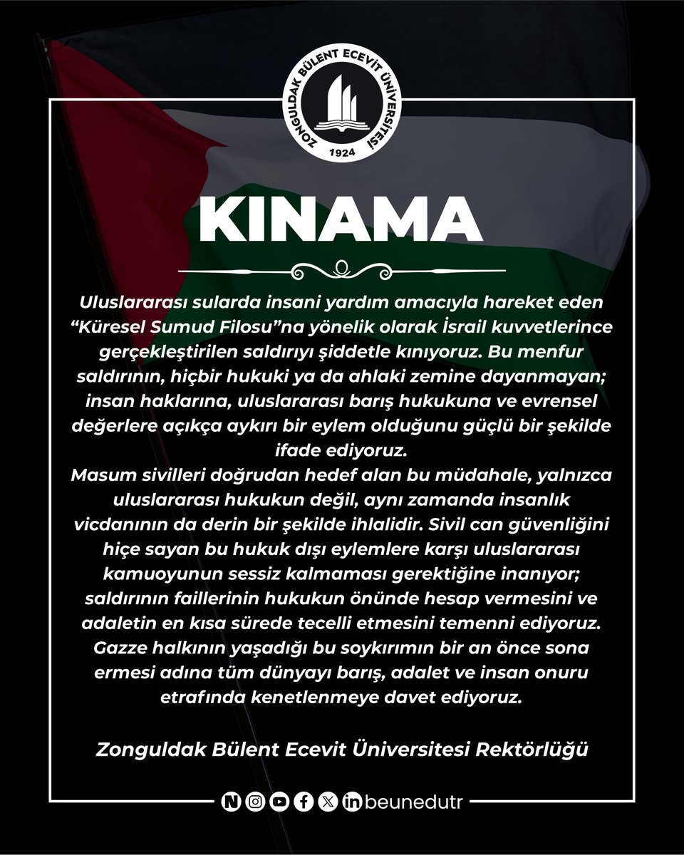 Uluslararası sularda insani yardım amacıyla hareket eden “Küresel Sumud Filosu”na yönelik olarak İsrail kuvvetlerince gerçekleştirilen saldırıyı şiddetle kınıyoruz. Bu menfur saldırının, hiçbir hukuki ya da ahlaki zemine dayanmayan; insan haklarına, uluslararası barış hukukuna ve