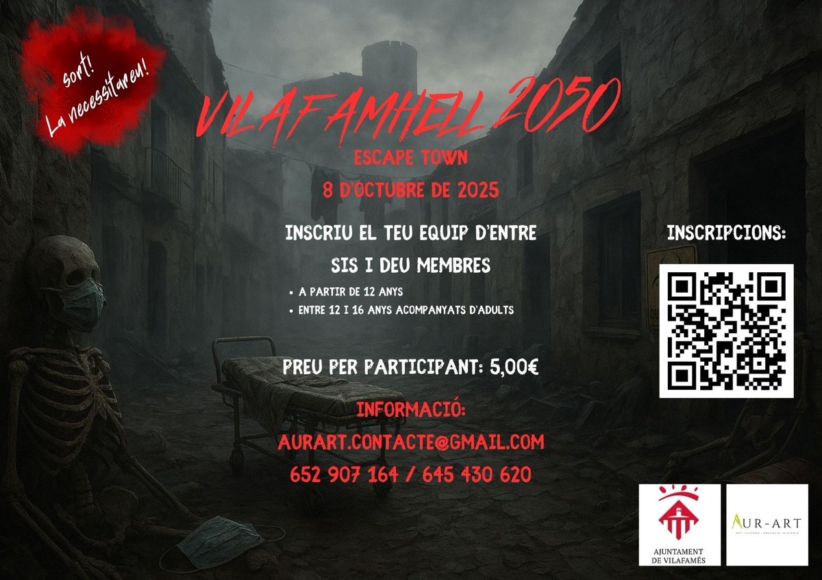 ⏳☠ Compte enrere… ☠⏳

Últimes hores per inscriure’s a VILAFAMHELL 2050 – ESCAPE TOWN
El futur ja està escrit… i només els més valents podran escapar del malson

⚠  Places limitades

📅 8 d’octubre

🔗 Inscripcions: forms.gle/9mhYUnU18EFD18…