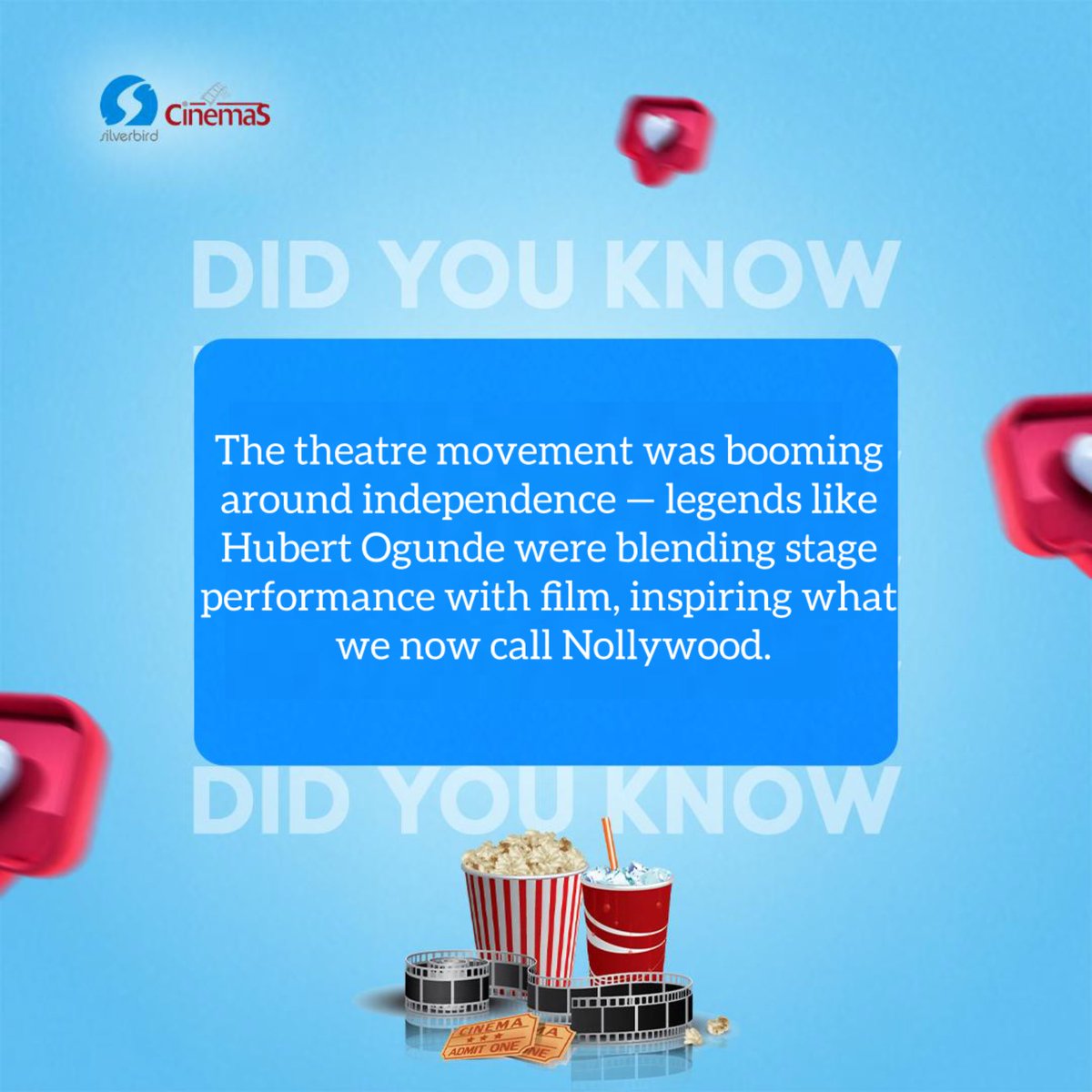 Here are some facts about Nollywood around Nigeria’s independence, and we at Silverbird Cinemas celebrate the incredible journey of Nollywood’s story so far🎬✨🇳🇬

#Nollywood #SilverbirdCinemas #NigeriaIndependence #CinemaCulture #ProudlyNigerian #FilmHistory #NaijaMovies