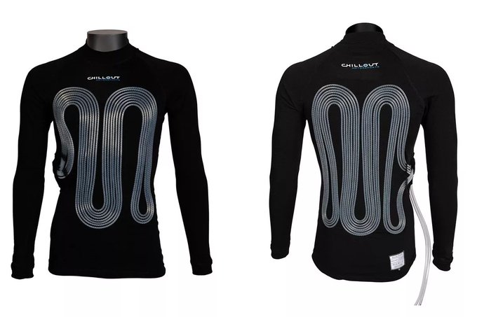 A black long-sleeve shirt with a mock turtleneck, displaying a pattern of wavy, light-colored tubes across the front and back. The tubes form a continuous, looping design covering the torso and arms. The word "CHILLUIT" is visible in blue text on the chest and upper back.
