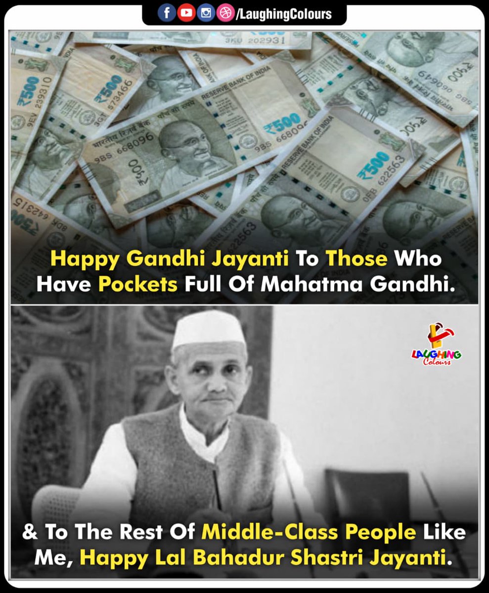 LaughingColours's tweet image. Gandhi vs Shastri Jayanti 😂
#GandhiJayanti #ShastriJayanti #MiddleClassLife #FunnyMeme #IndianHumor #RelatableJokes