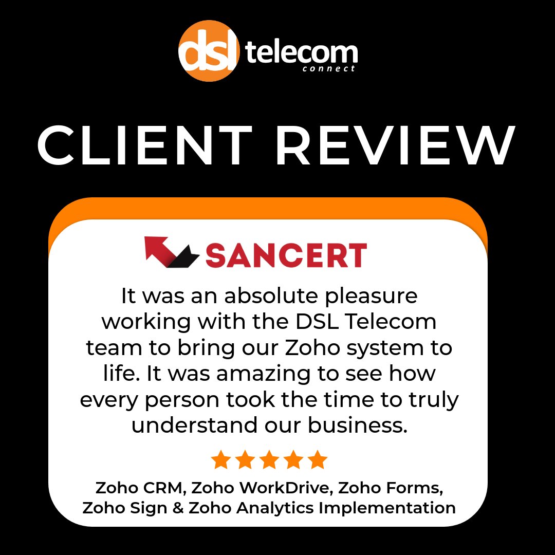 DslTelecom's tweet image. 🌟 We&apos;re grateful to our customer, Sancert, for sharing the positive experience they had with our team during their recent Zoho implementation project. 🌟

#DSLTelecom #CustomerReview #ZohoPremiumPartner