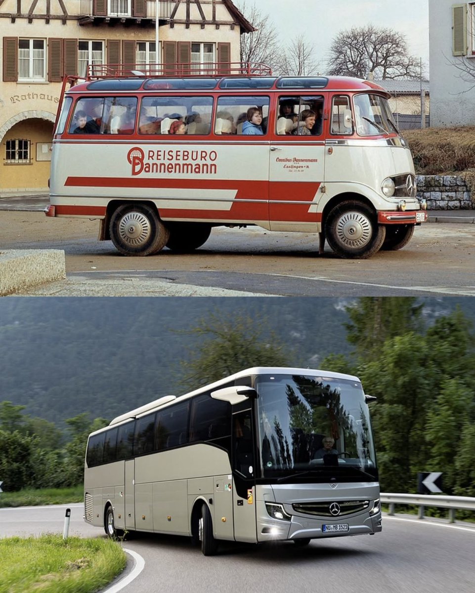 Autocars de tourisme, évolution continue, toutes capacités confondues ! En 1956, le #Mercedes-Benz O 319 emmenait jusqu’à 18 passagers. En 2025, le #Tourismo incarne confort &amp; sécurité. Pour le retrouver, RDV au salon #BusworldEurope à Bruxelles !  #TBT mercedes-benz-bus.com/fr_LU/models/t…