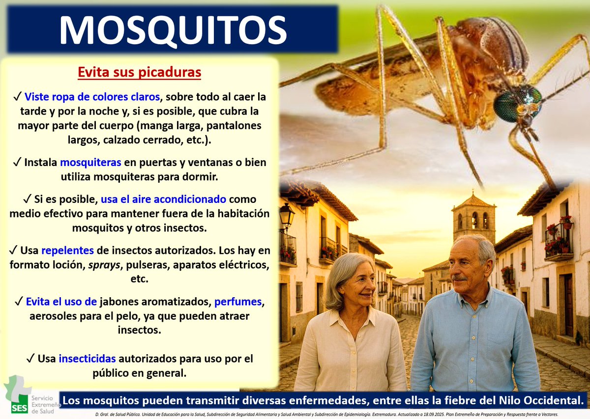 MOSQUITOS – EVÍTALOS

👉Los mosquitos pueden transmitir diversas enfermedades.
👉Una de ellas es la fiebre del Nilo Occidental.
👉Evita sus picaduras.