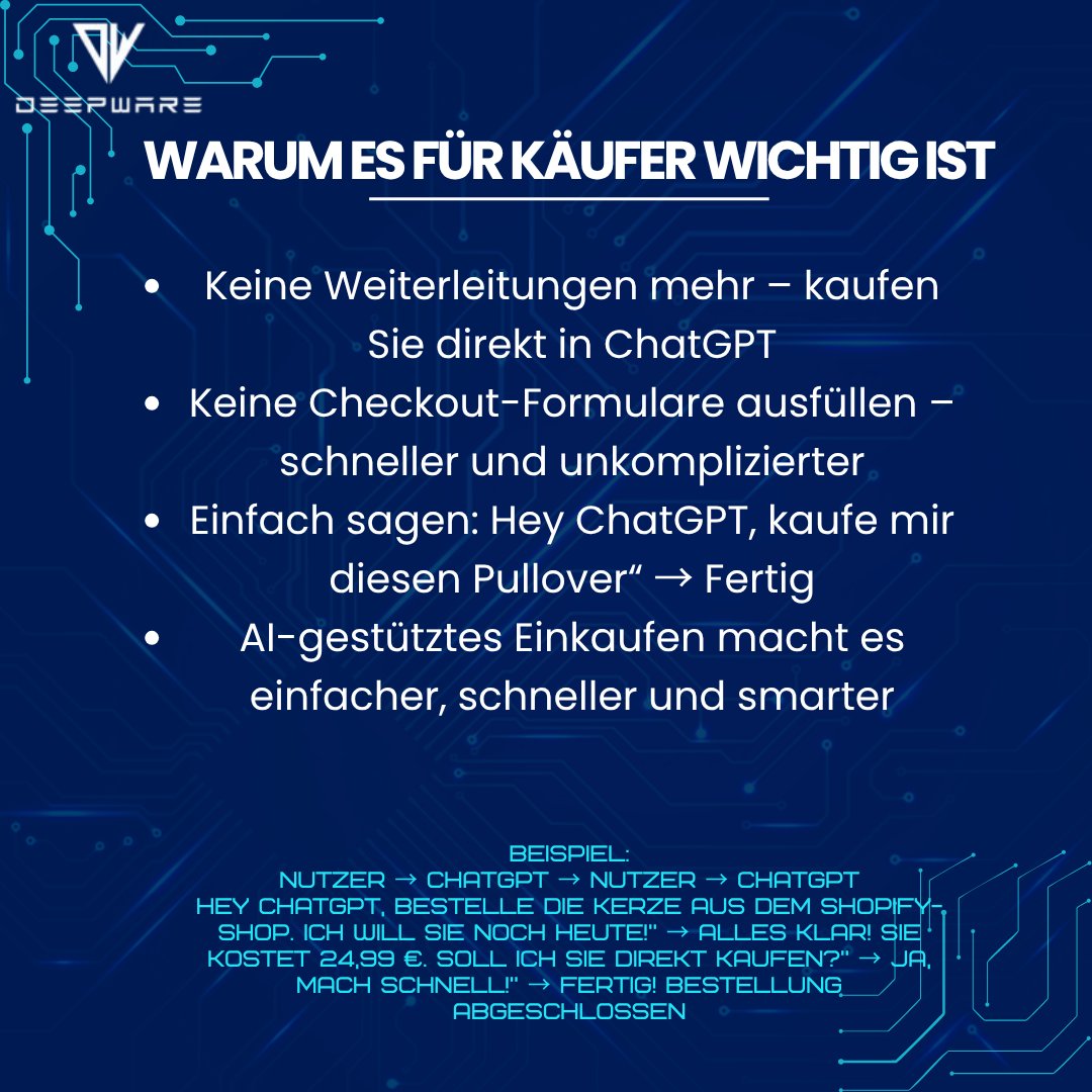 deepwaremunich's tweet photo. E-Commerce hat sich gerade für immer verändert.

ChatGPT hat jetzt Instant Checkout. Etsy +16%. Shopify +6%.

Keine Weiterleitungen. Einfach chatten → kaufen.
Das ist "Agentic Commerce" – AI die FÜR dich shoppt.
Vergiss SEO. Denk AI-Discovery-Optimierung.
Early Mover gewinnen https://t.co/buroDBd83q