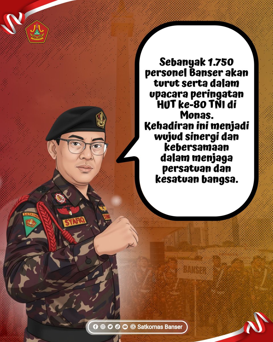Sebanyak 1.750 personel Banser akan turut serta dalam upacara peringatan HUT ke-80 TNI di Monas.
Kehadiran ini menjadi wujud sinergi dan kebersamaan dalam menjaga persatuan dan kesatuan bangsa. #Banser #HutTNI80
