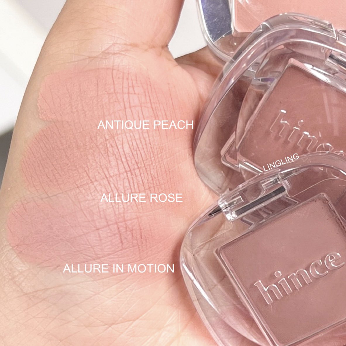 ling_wrsc's tweet photo. เทียบสีอายแชโดว hince rose presso สีใหม่ allure rose กับสีเดิม เค้าจะมีความคล้าย antique peach ค่ะ แต่จะติดน้ำตาลกว่าตุ่นกว่า ส่วน allure in motion จะติดม่วงกว่าค่ะ https://t.co/hlh7q7viZg