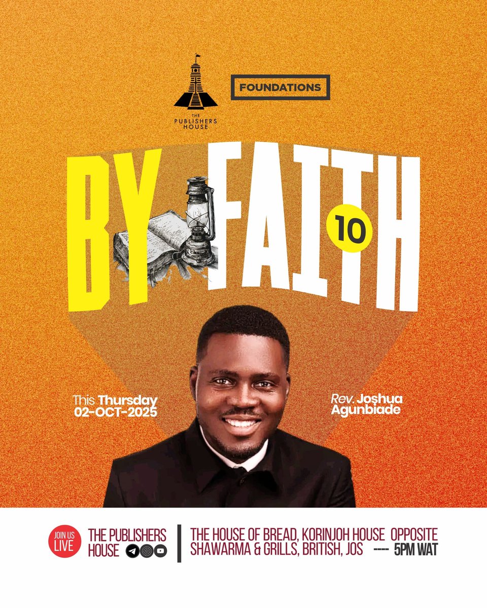 In Part 9, we learned that practical faith = obedience. 

Today, we go even deeper together. You don’t want to miss it!

📍 The House of Bread, Korinjoh House (Opposite Shawarma &amp; Grills, British, Jos)
🕔 5PM WAT

🔥 Don’t just come, come expectant.