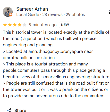 sameeerexplores's tweet photo. i added this marvelous tower  to maps so everyone can witness this tourist site explore this https://t.co/4emobIZCPW located near amruthahalli,bytaranyapura and dont forget to leave a review #bengaluru #BBMP https://t.co/T4qLh3xSZo