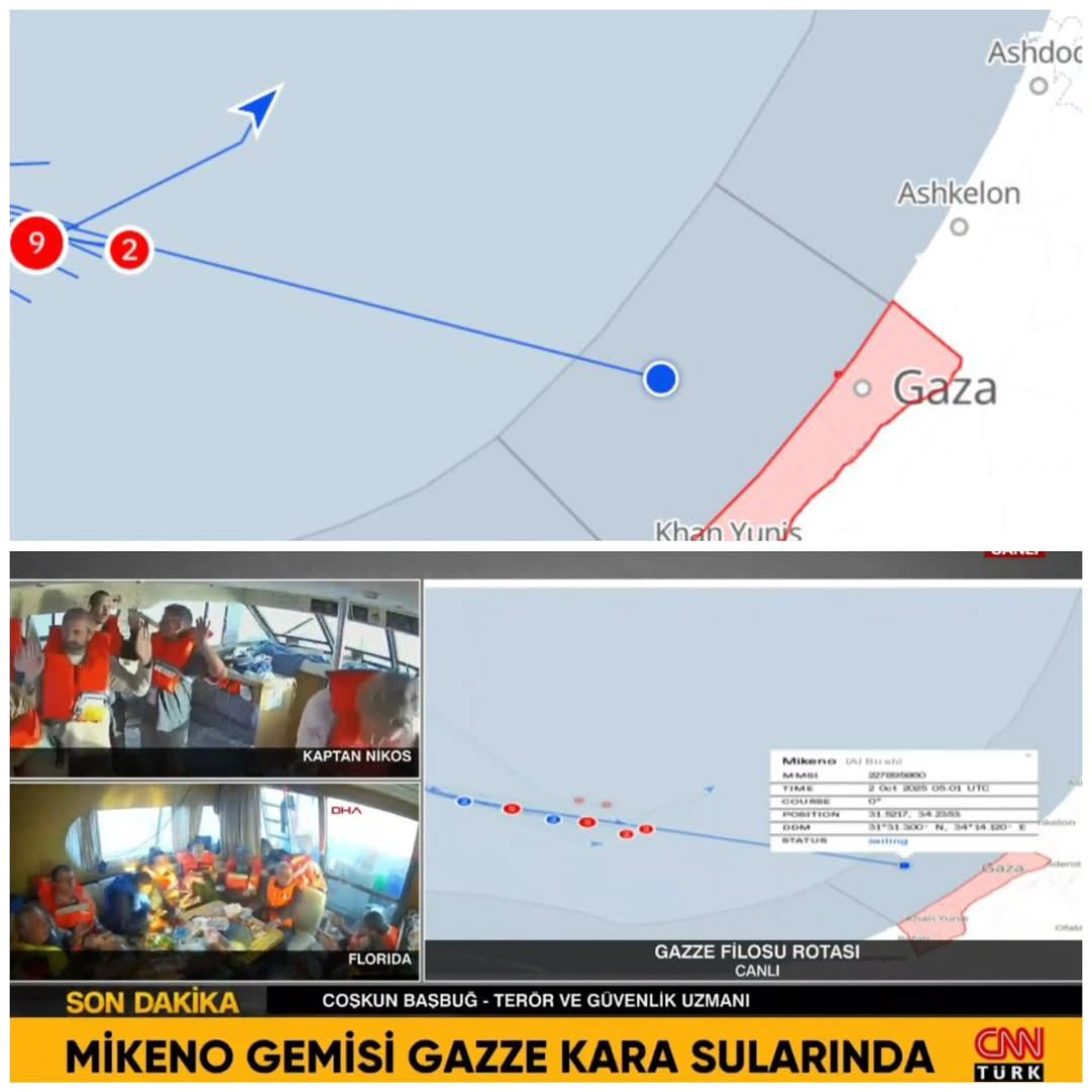 Hena201's tweet photo. | #GSFupdate CNN TÜRK is reporting the 'Mikeno' entered Gaza's territorial waters

Other flotilla passengers are heard over the livestream, say, "the Mikeno is 9 miles away from Gaza shore."

The live tracker displays Mikeno's current status is sailing.
#GlobalSumudFlotilla https://t.co/EK4IFeTw2Z