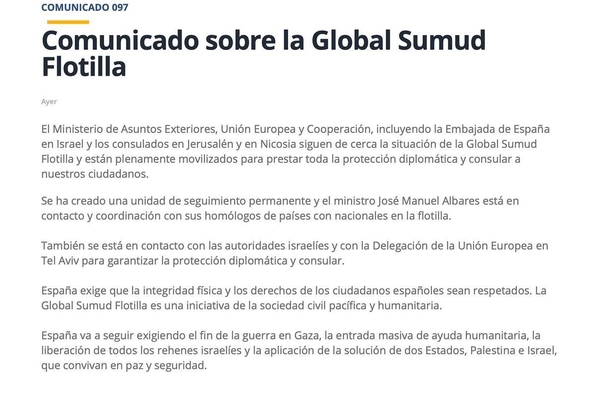 Que el estado genocida de Israel ha atacado y asaltado barcos con bandera española en aguas internacionales...
Que ha secuestrado a ciudadanos y ciudadanas en un acto claro de piratería...
Que esto no puede quedar en una protesta diplomática ante una encargada de negocios, joder.