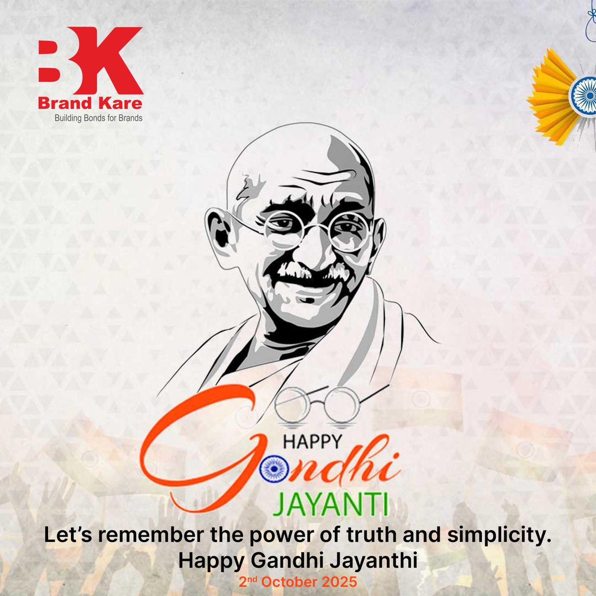 brandkare's tweet photo. Today, we celebrate the spirit of Mahatma Gandhi — simplicity, truth, and courage.

At Brand Kare, we believe these timeless values can guide us to be stronger and more purposeful. Happy Gandhi Jayanthi.

#GandhiJayanthi #BrandKare #Inspiration https://t.co/TF6A4CuNrv