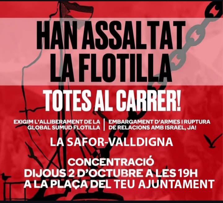 🔴TORNEM-LOS EL COP🔴

Han assaltat la flotilla. 
A Comarques Centrals, hui ens concentrem a Dénia i a Gandia a les 19h.
Destruïm l'estat d'Israel. Visca la Resistència Palestina!
