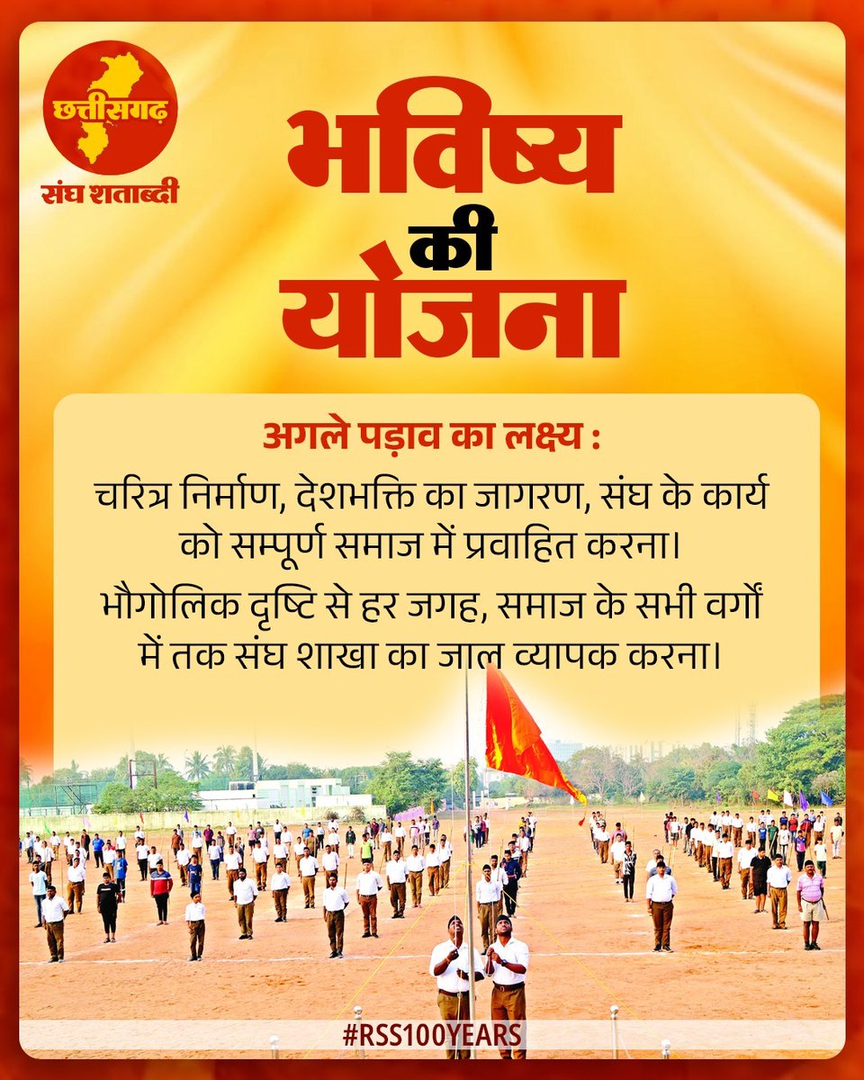भविष्य की योजना 

“अगले पड़ाव का लक्ष्य : चरित्र निर्माण, देशभक्ति का जागरण, संघ के कार्य को सम्पूर्ण समाज में प्रवाहित करना।“
“भौगोलिक दृष्टि से हर जगह, समाज के सभी वर्गों में तक संघ शाखा का जाल व्यापक करना।“

#RSS100Years