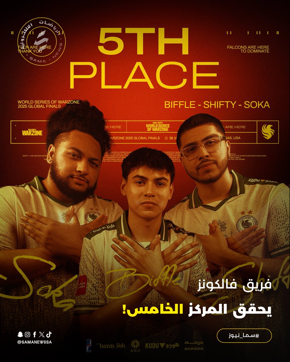 SamaNewsSA's tweet image. 📄 | فريق فالكونز يحقق المركز الخامس!🦅

حقق فريق فالكونز @FalconsEsport المركز الخامس في بطولة #WSOW للعبة #CoDWarzon ، ماقصرتوا يا أبطال!👏🏻
