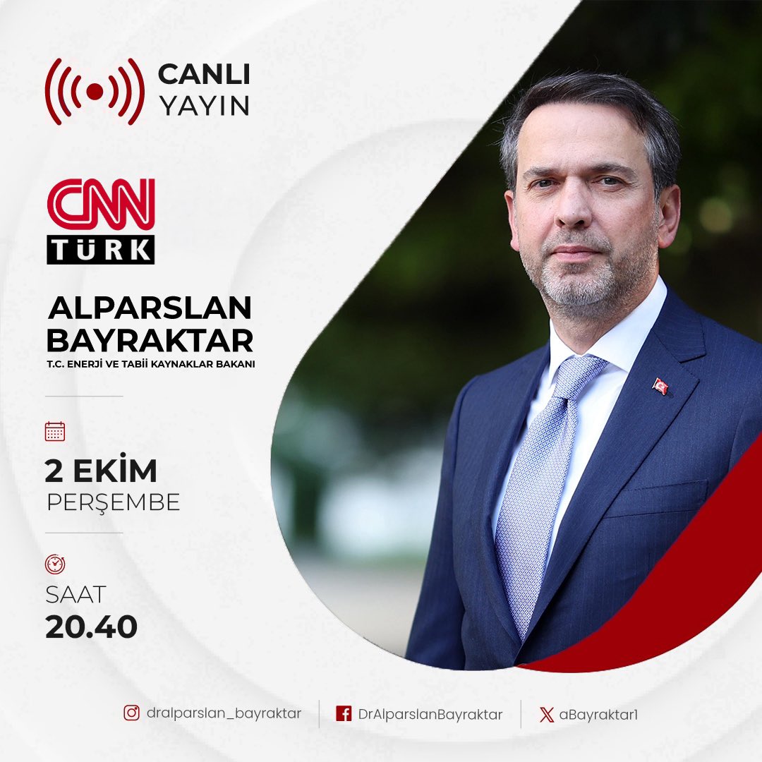 Bakanımız Sayın <a href="/aBayraktar1/">Alparslan Bayraktar</a> bu akşam saat 20.40'da <a href="/cnnturk/">CNN TÜRK</a> ekranlarında canlı yayın konuğu olacak. 📡

🗓️ 2 Ekim
🕗 20.40
📺 CNN TÜRK