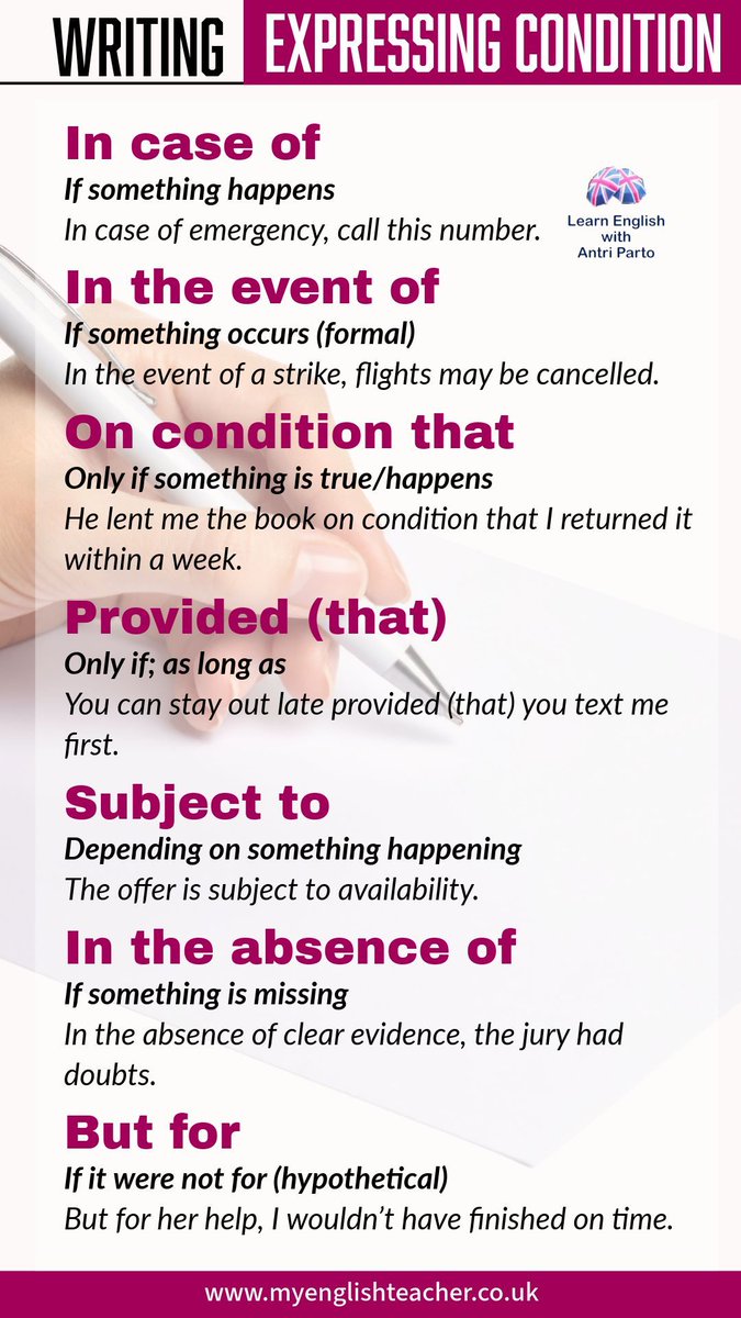 MyLinguaAcademy's tweet image. Learn prepositional phrases for condition
 buff.ly/a11GDao 
#learnenglish #ESL #EFL #B2First #C1Advanced #IELTS #grammar #writing