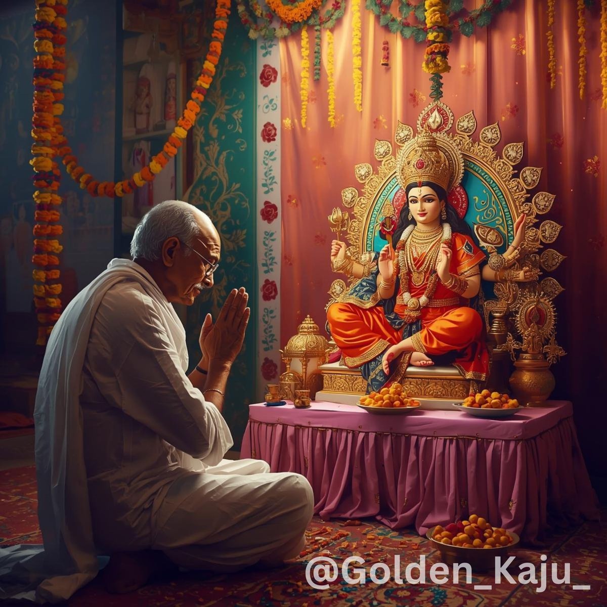 GoldenKaju's tweet photo. "The truest worship of Shakti is through Satyagraha. On this sacred confluence of Gandhi Jayanti and Dussehra, we celebrate the divine power of Conscience—the ultimate force that triumphs over all darkness, both without and within."🙏✨

#GandhiJayanti #Dussehra #golden_kaju_ https://t.co/jxboBtCCRB