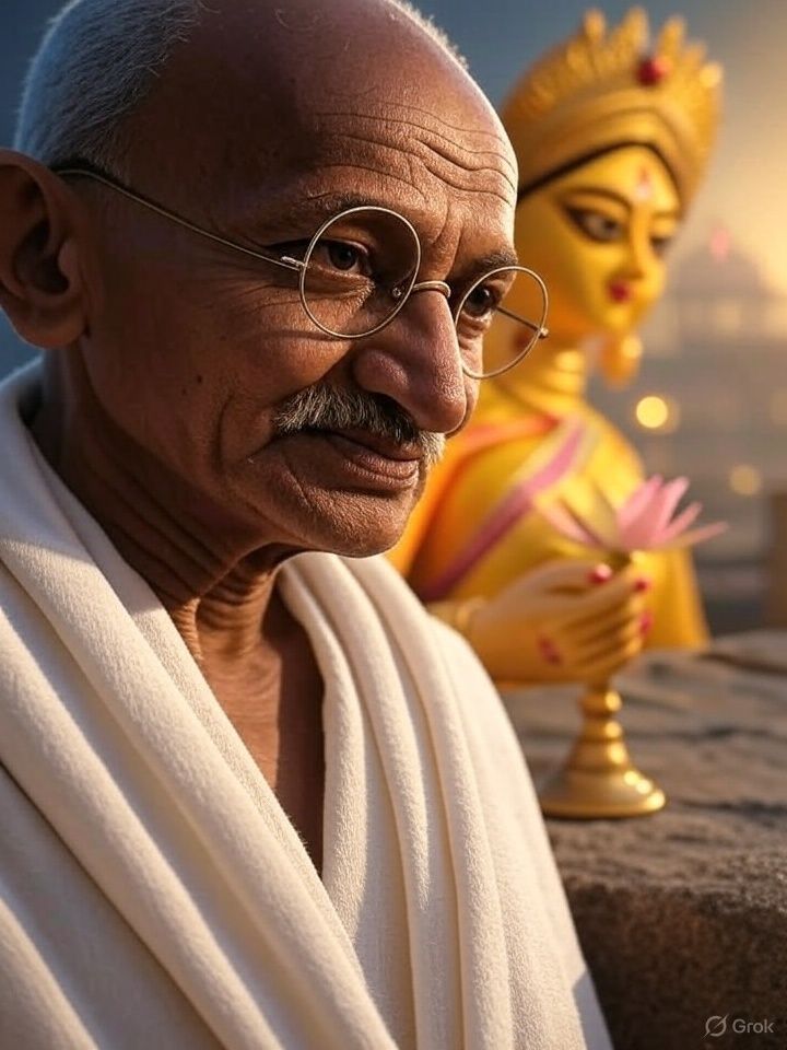 GoldenKaju's tweet photo. "The truest worship of Shakti is through Satyagraha. On this sacred confluence of Gandhi Jayanti and Dussehra, we celebrate the divine power of Conscience—the ultimate force that triumphs over all darkness, both without and within."🙏✨

#GandhiJayanti #Dussehra #golden_kaju_ https://t.co/jxboBtCCRB