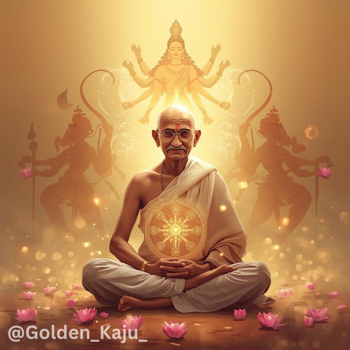 GoldenKaju's tweet photo. "The truest worship of Shakti is through Satyagraha. On this sacred confluence of Gandhi Jayanti and Dussehra, we celebrate the divine power of Conscience—the ultimate force that triumphs over all darkness, both without and within."🙏✨

#GandhiJayanti #Dussehra #golden_kaju_ https://t.co/jxboBtCCRB