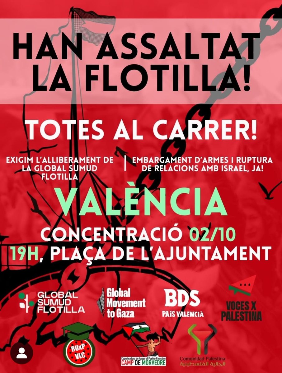 compromisXRV's tweet image. Israel ha detingut il·legalment desenes de membres de la flotilla, entre els quals el nostre company Juan Bordera.
Exigim l’alliberament immediat i sense condicions de totes les persones detingudes i la fi del genocidi del poble palestí
#Gaza #PalestinaLliure #StopGenocidi