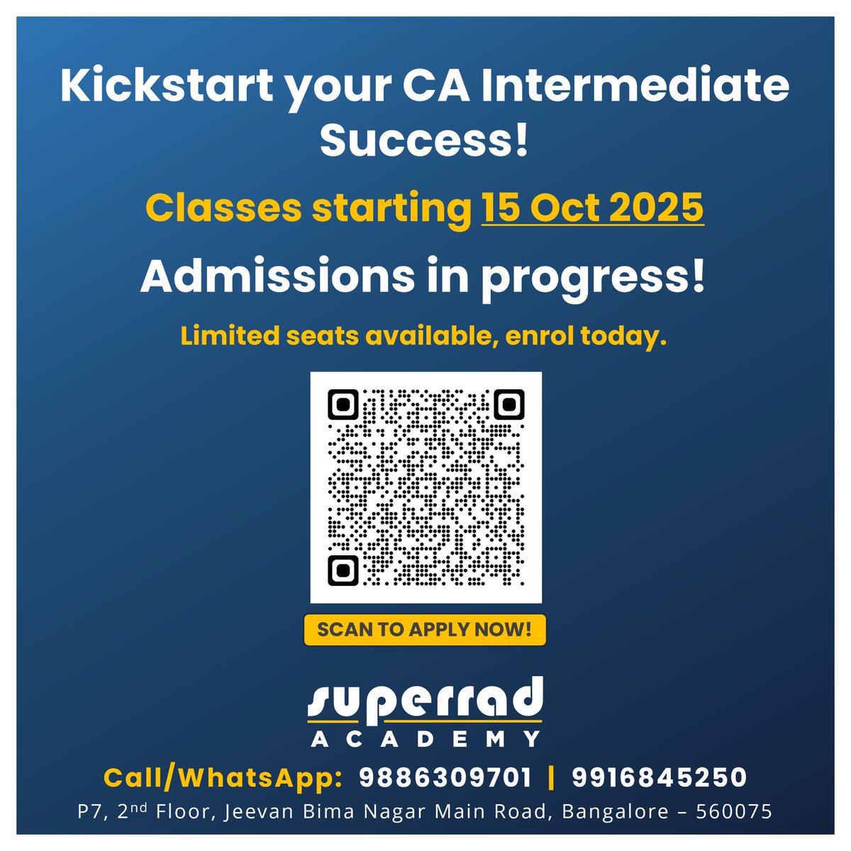 Group 2 classes for CA Intermediate are starting from October 15th at Superrad Academy, Indiranagar, Bengaluru.

Class Timings:

Tuesday to Friday (7:30 AM – 10:00 AM): FM &amp; SM
Saturday and Sunday (7:30 AM – 1:30 PM): Auditing &amp; Costing

The schedule is designed to suit working