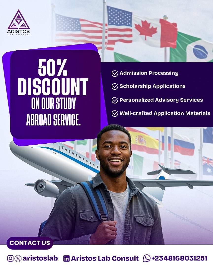 AristosLab's tweet photo. Study Abroad Just Got 50% Easier!🎓✈️ 🚀

Get half-price support on admissions, SOPs, scholarships &amp; more.🌍

Limited time only — don’t miss it!

DM us NOW to start your global journey | +2348168031251.
#StudyAbroad #Scholarships #Education https://t.co/h481AGdEjV