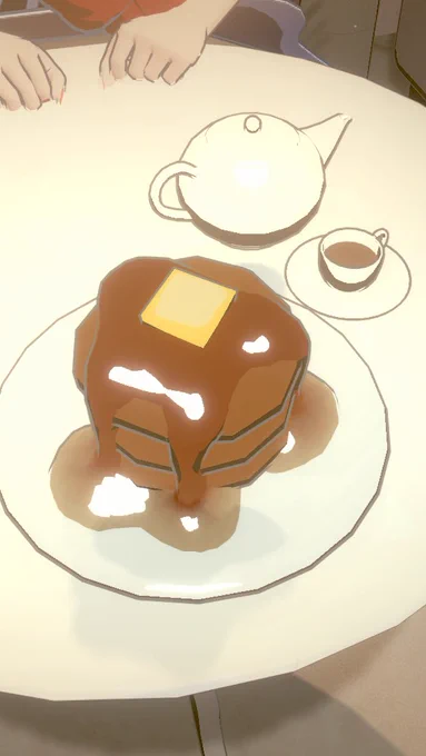 これは友達が遅刻したから先に名物のホットケーキ頼んで撮影してたら友達が到着した、というシチュエーション