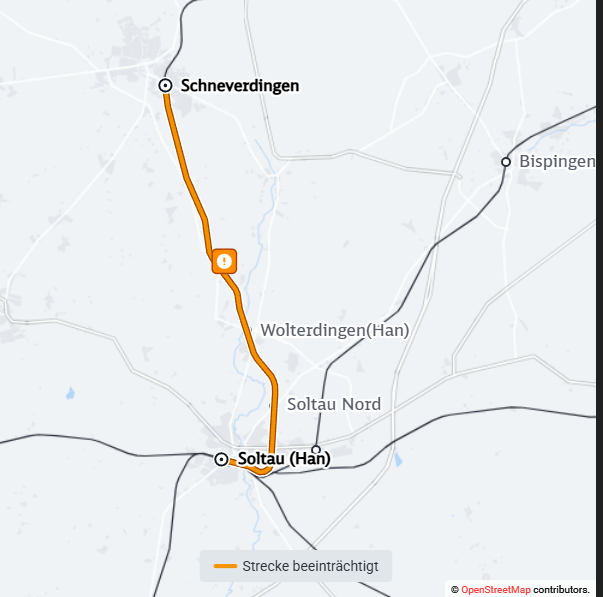 #RB38 #StartNi_Mi #Hannover #Buchholz: Eine Reparatur an einem Bahnübergang verzögert den Zugverkehr zwischen #Soltau(Han) und #Schneverdingen. In der Folge kommt es wahrscheinlich zu Verspätungen und Teilausfällen. Bitte überprüfen Sie Ihre Reiseverbindung vor Abfahrt des Zuges.
