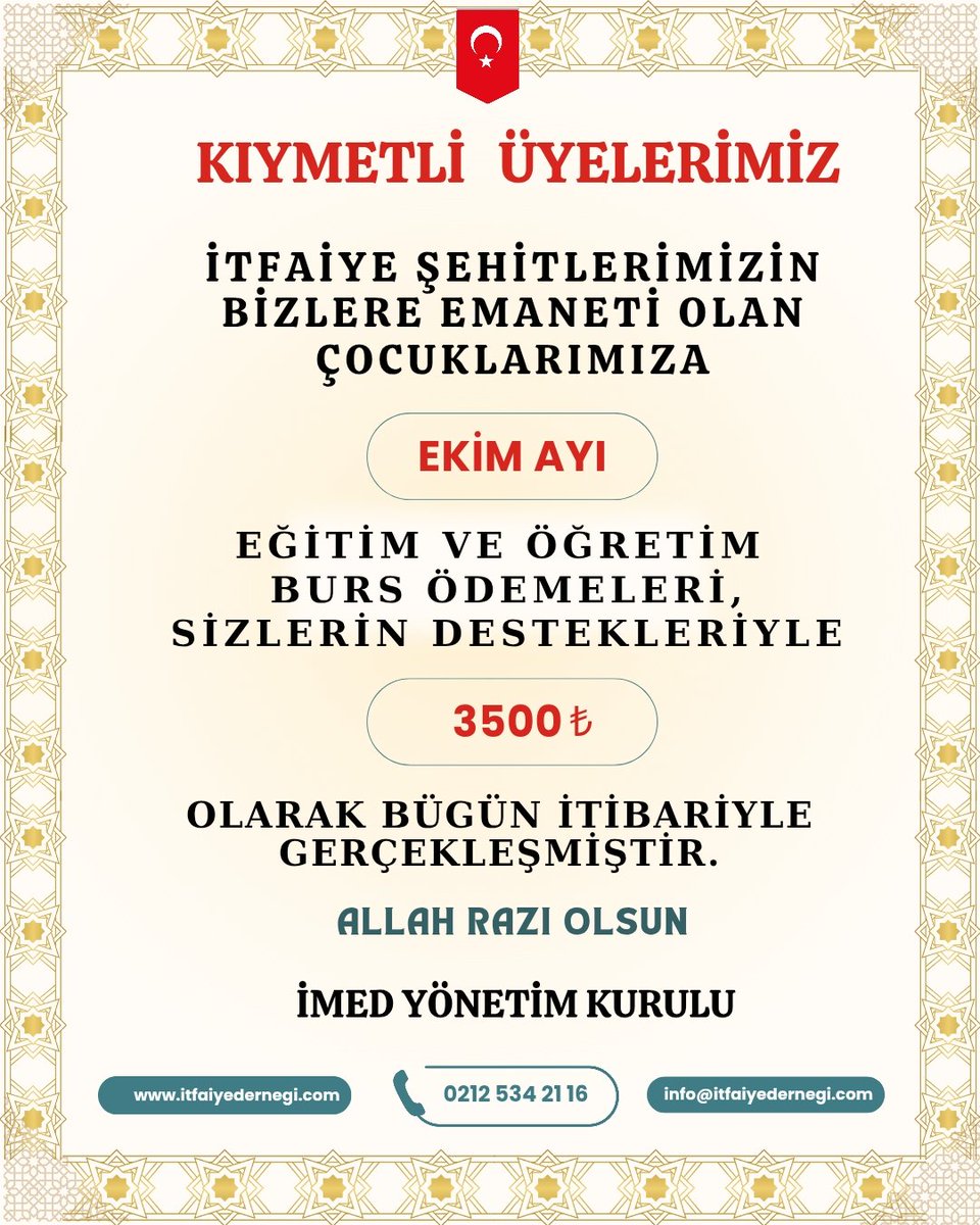 Kıymetli Üyelerimiz,
#İtfaiye Şehitlerimizin bizlere Emaneti olan çocuklarımıza, Ekim ayı Eğitim ve Öğretim Burs ödemeleri bugün itibariyle gerçekleşmiştir.
Allah c.c razı olsun. 
#İMED YÖNETİM KURULU