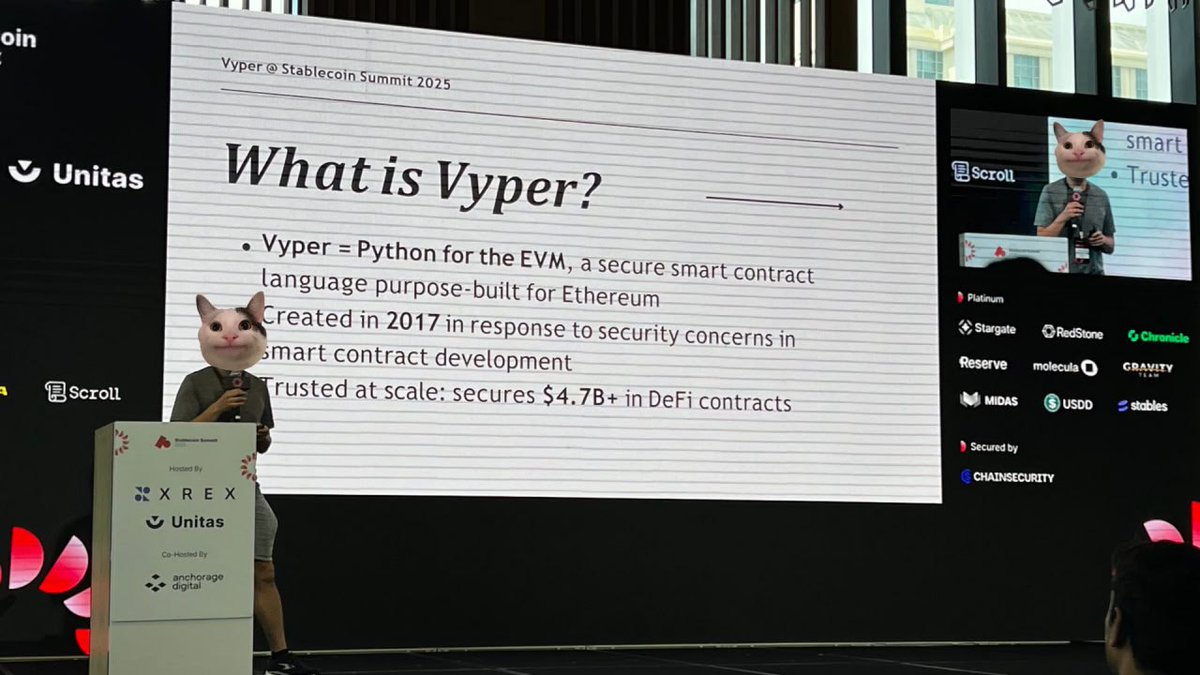vyperlang's tweet image. At @stblcnsummit, our lead dev Charles (@big_tech_sux) presented how Vyper is securing billions in DeFi and paving the way for safer, auditable stablecoin infrastructure!