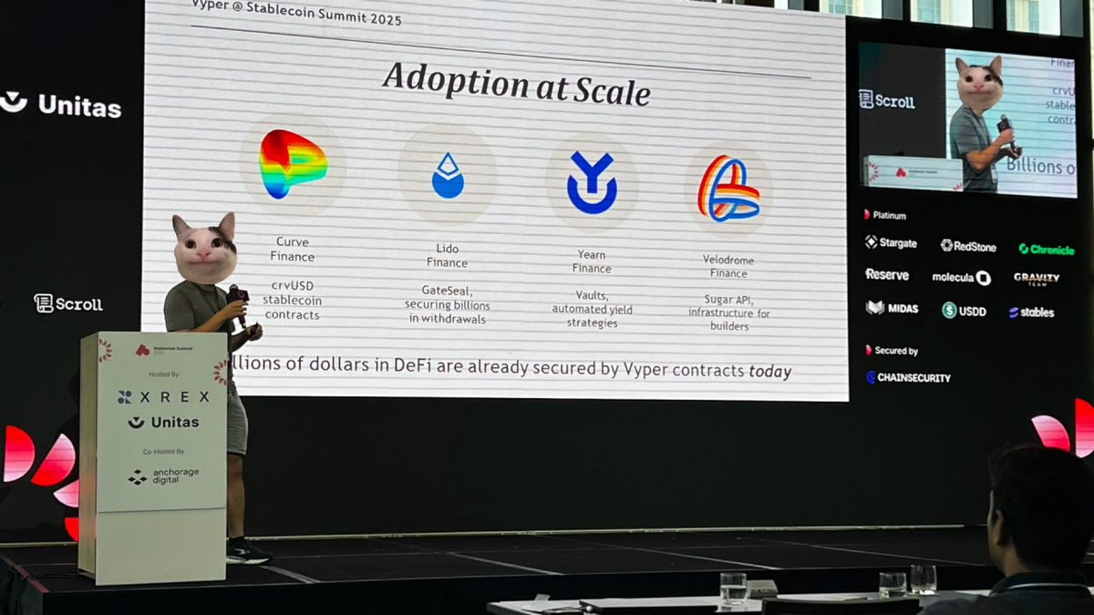 vyperlang's tweet image. At @stblcnsummit, our lead dev Charles (@big_tech_sux) presented how Vyper is securing billions in DeFi and paving the way for safer, auditable stablecoin infrastructure!
