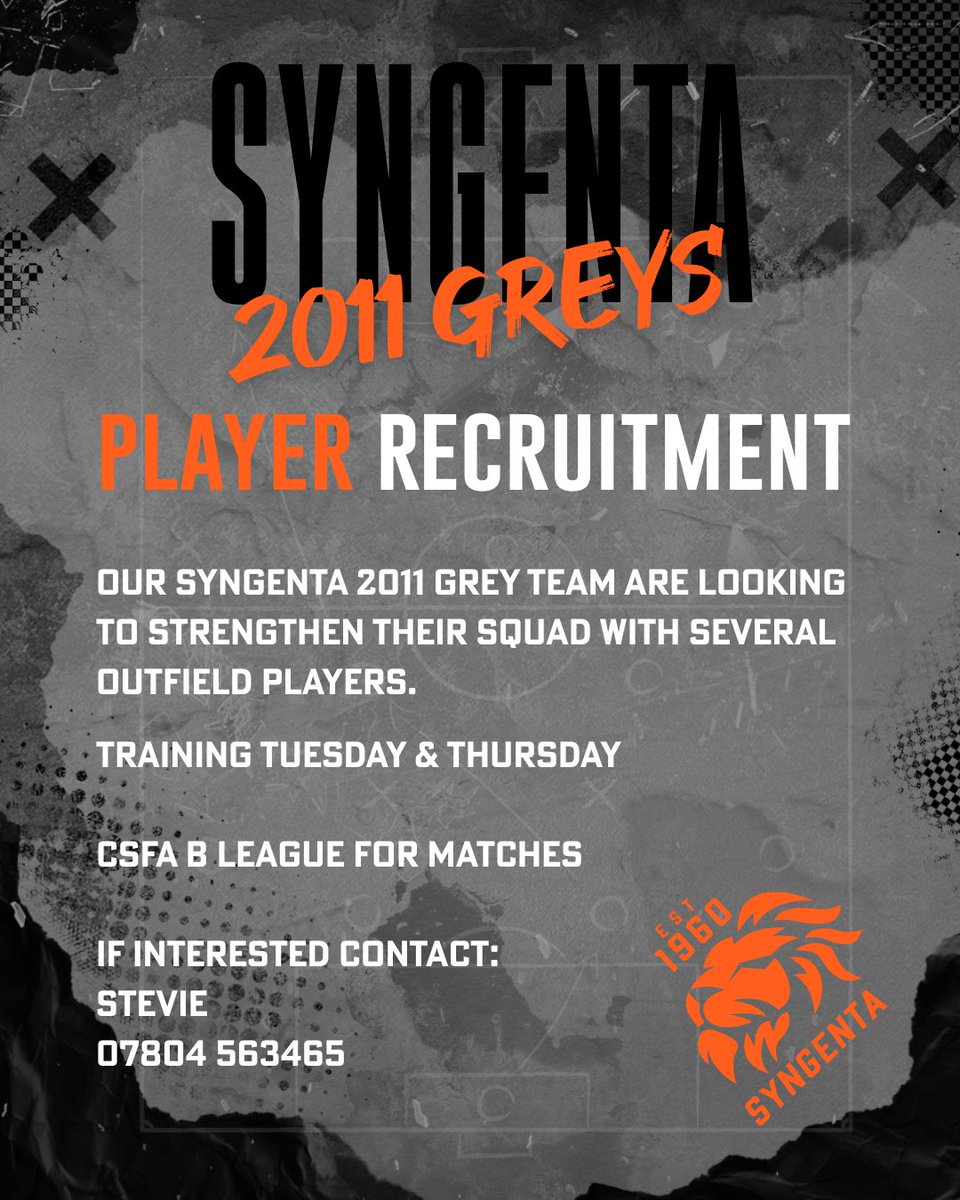Our Syngenta 2011 Grey team are looking to strengthen their squad with several outfield players.

If interested, get in touch on the details below 👍🏻

#playerrecruitment
