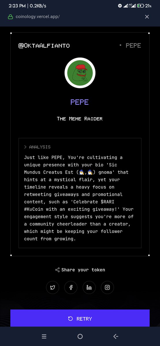 Margay_Spot's tweet photo. According to my twitter data, I give $PEPE vibes.
Bullish?
Try Coinology on https://t.co/ekw68DIKEY. 
#Vana #Cointology @vana #DataRevolution https://t.co/FUo7Uh2VT9