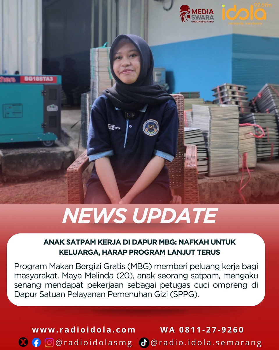 RadioIdolaSMG's tweet image. Program Makan Bergizi Gratis (MBG) memberi peluang kerja bagi masyarakat. Maya Melinda (20), anak seorang satpam, mengaku senang mendapat pekerjaan sebagai petugas cuci ompreng di Dapur Satuan Pelayanan Pemenuhan Gizi (SPPG)
#prabowosubianto #program #makanbergizigratis #mbg