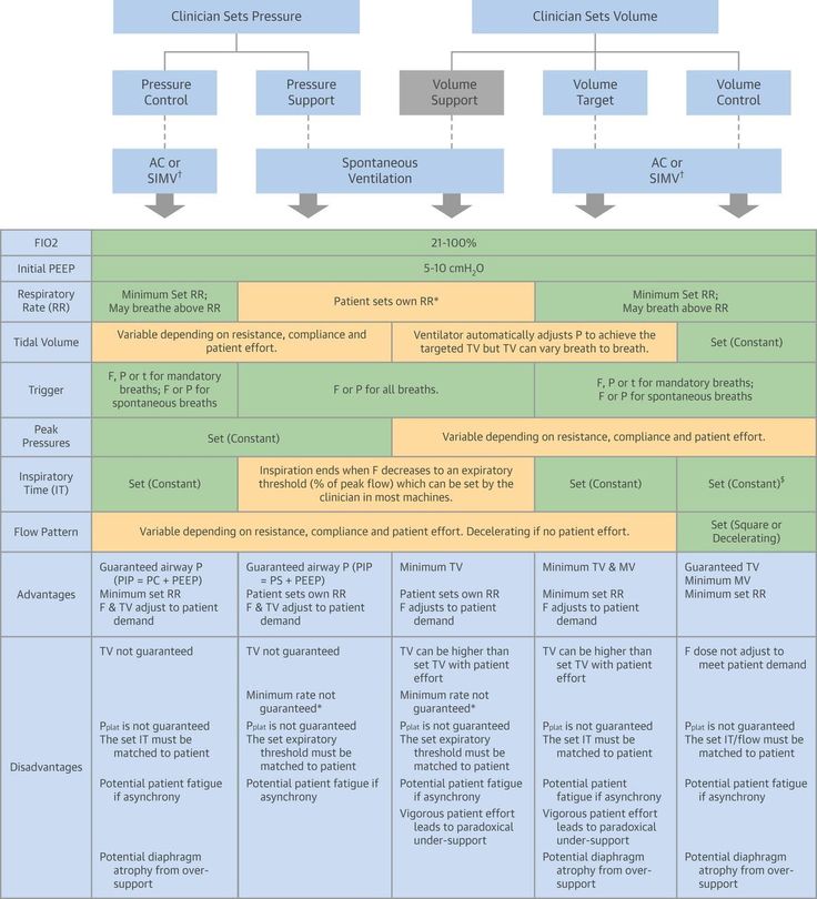 A comparative overview of different ventilator modes, categorized by whether the clinician sets pressure or volume, and further refined into various control strategies. 

jacc.org/doi/10.1016/j.…